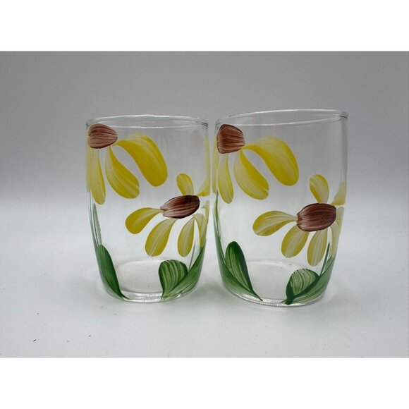 2 Bartlett Collins Gay Fad Handpainted Juice glases Daisies Yellow Brown - Picture 1 of 5